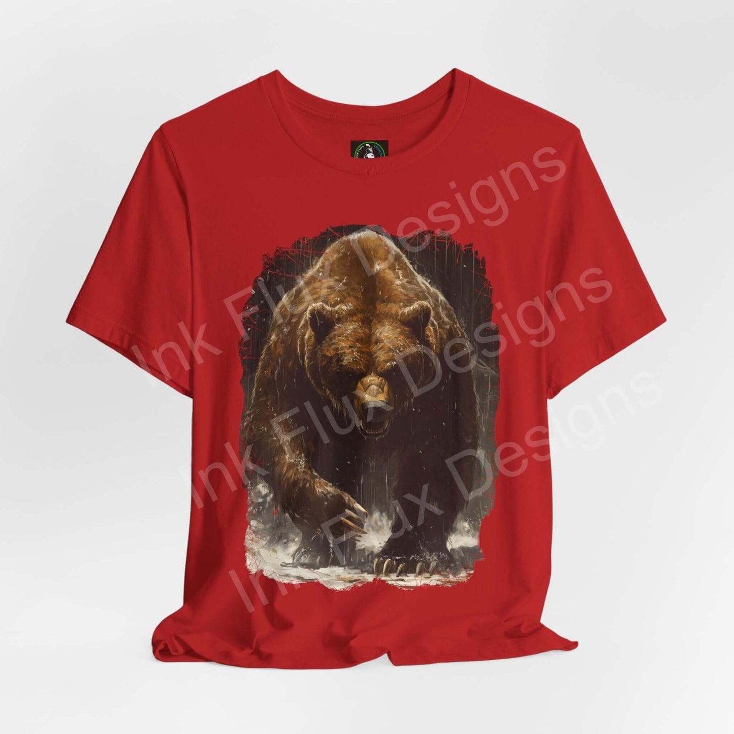 Red unisex T-shirt featuring a graphic of a roaring Kodiak bear, ideal for lovers of spirit animals and stylish graphic tees.
