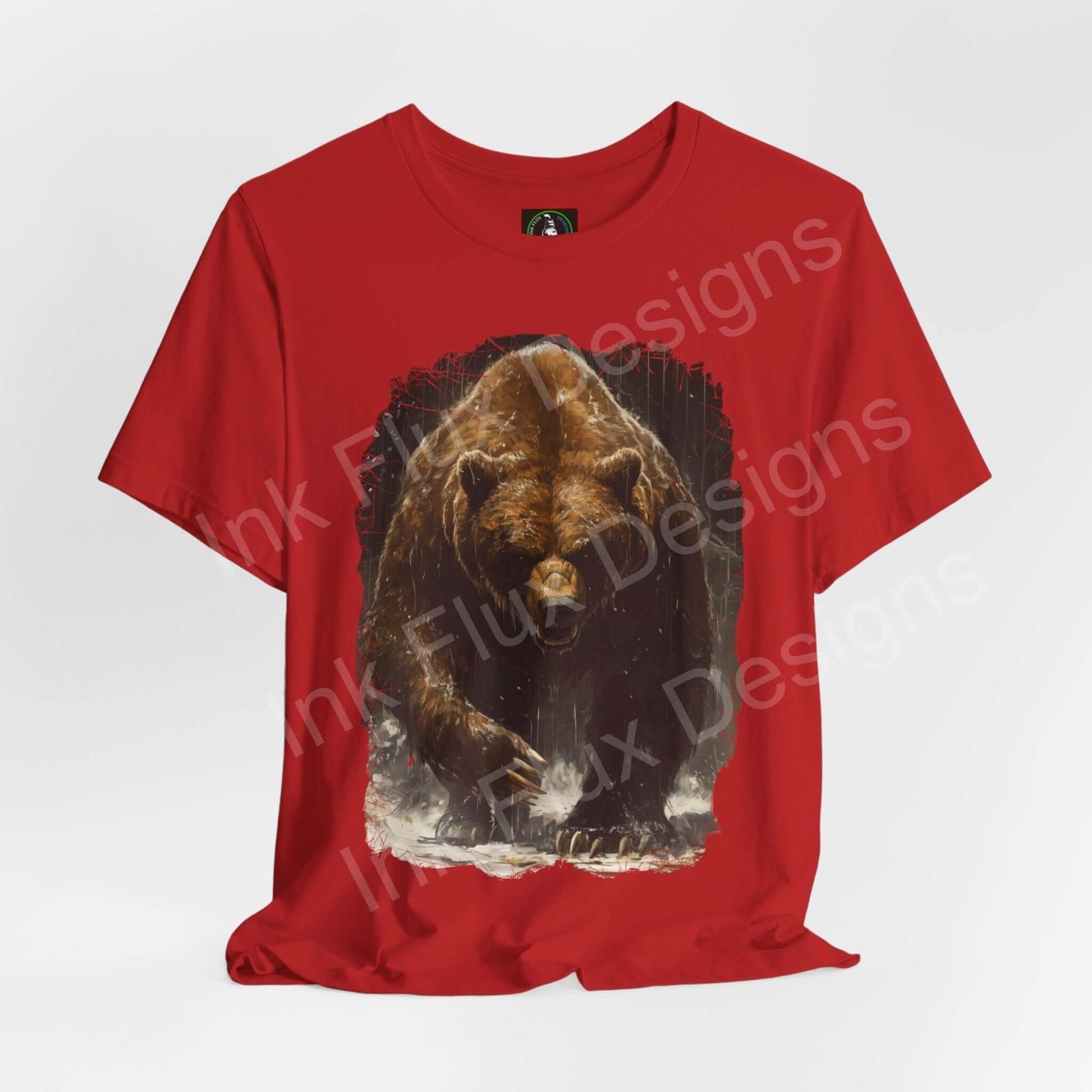 Red unisex T-shirt featuring a graphic of a roaring Kodiak bear, ideal for lovers of spirit animals and stylish graphic tees.