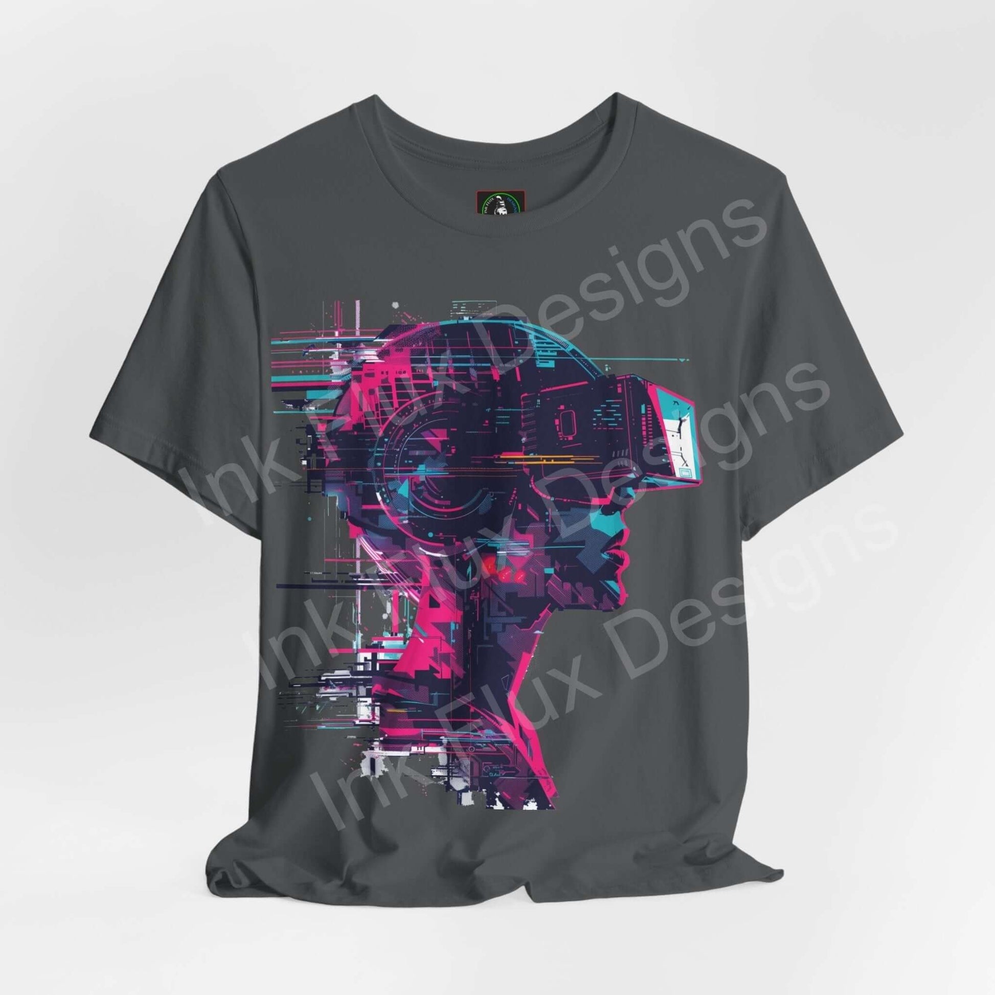 Cyberpunk graphic tee featuring a vibrant print of a head wearing VR goggles on a gray unisex T-shirt, designed by Bella+Canvas.