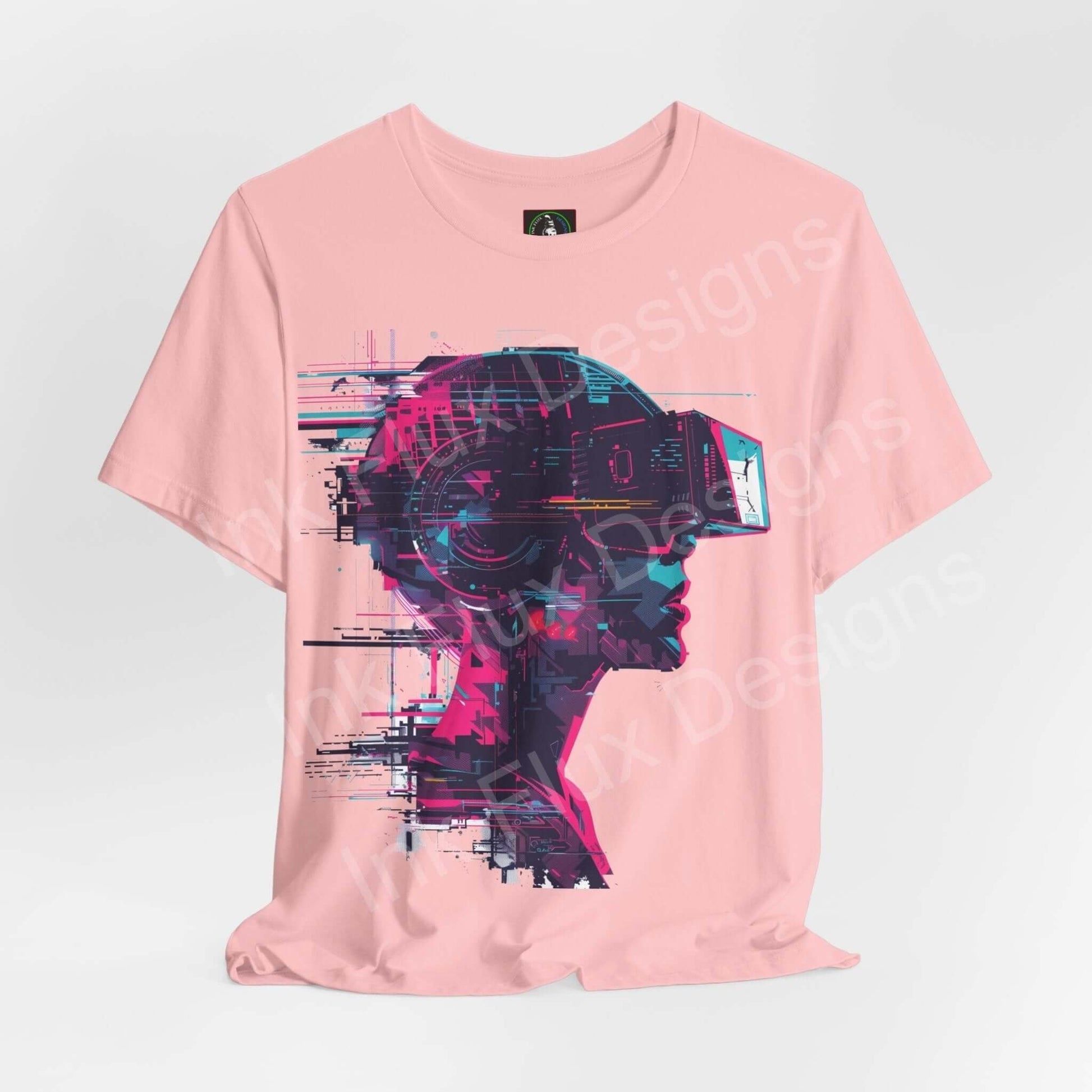 Cyberpunk graphic tee featuring a vibrant, abstract VR headset design on a pink Bella+Canvas unisex T-shirt, showcasing style and comfort.