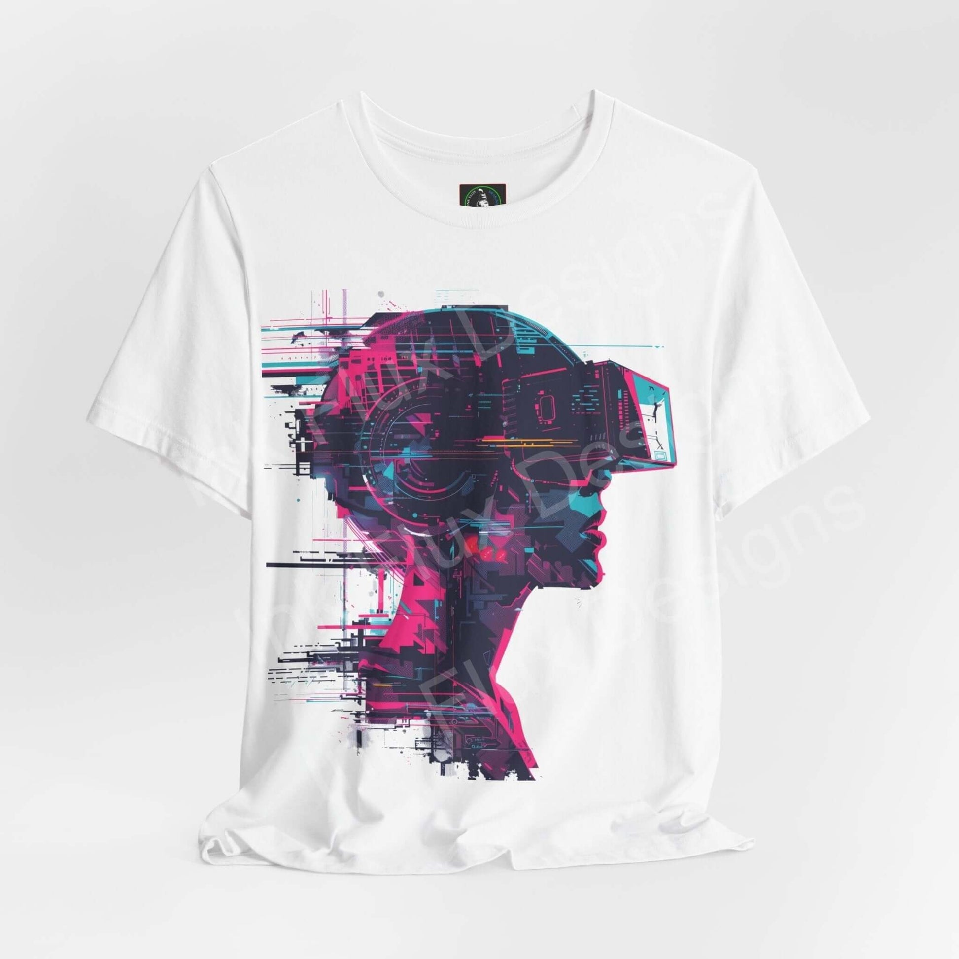 Cyberpunk graphic tee featuring a vibrant print of a humanoid in VR headset on a white unisex T-shirt from Bella+Canvas.