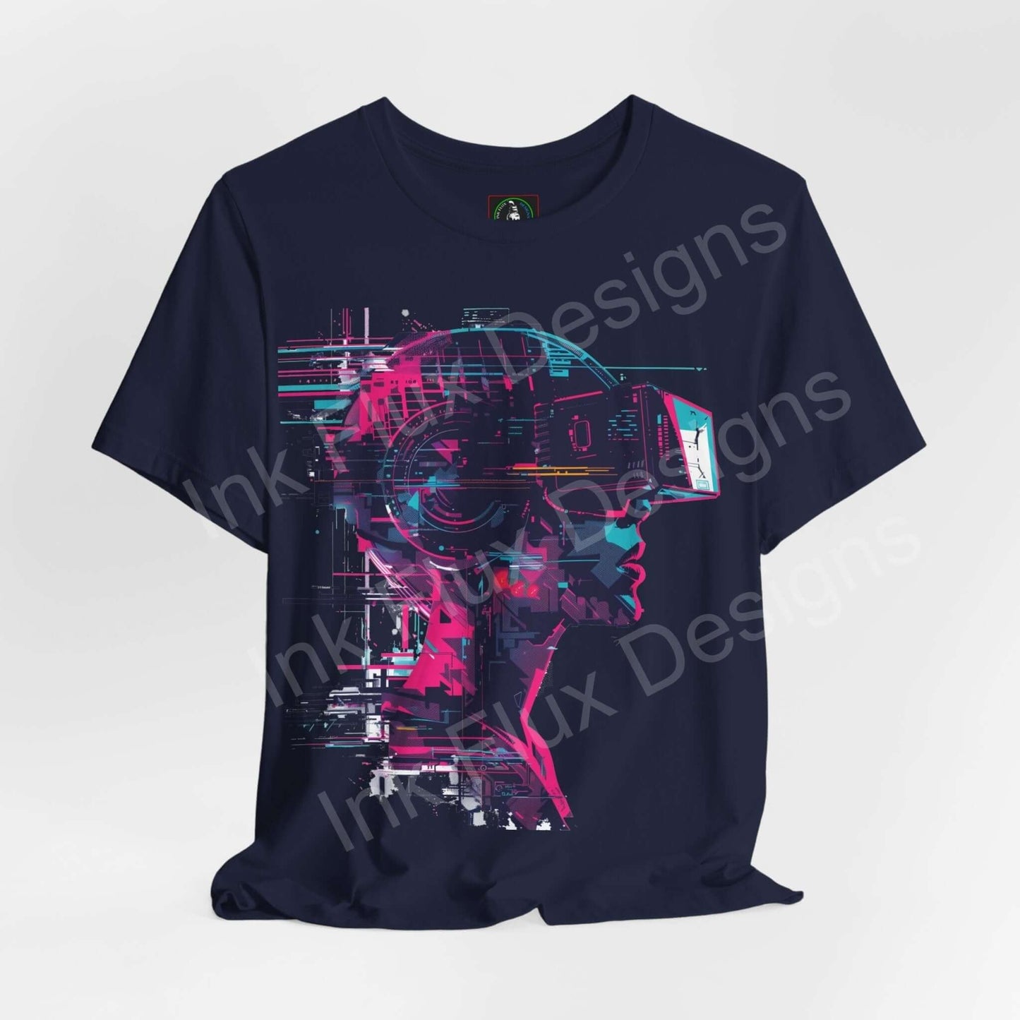 Unisex cyberpunk graphic tee with vivid VR headset design on dark navy fabric, showcasing a stylish blend of pink and blue colors.