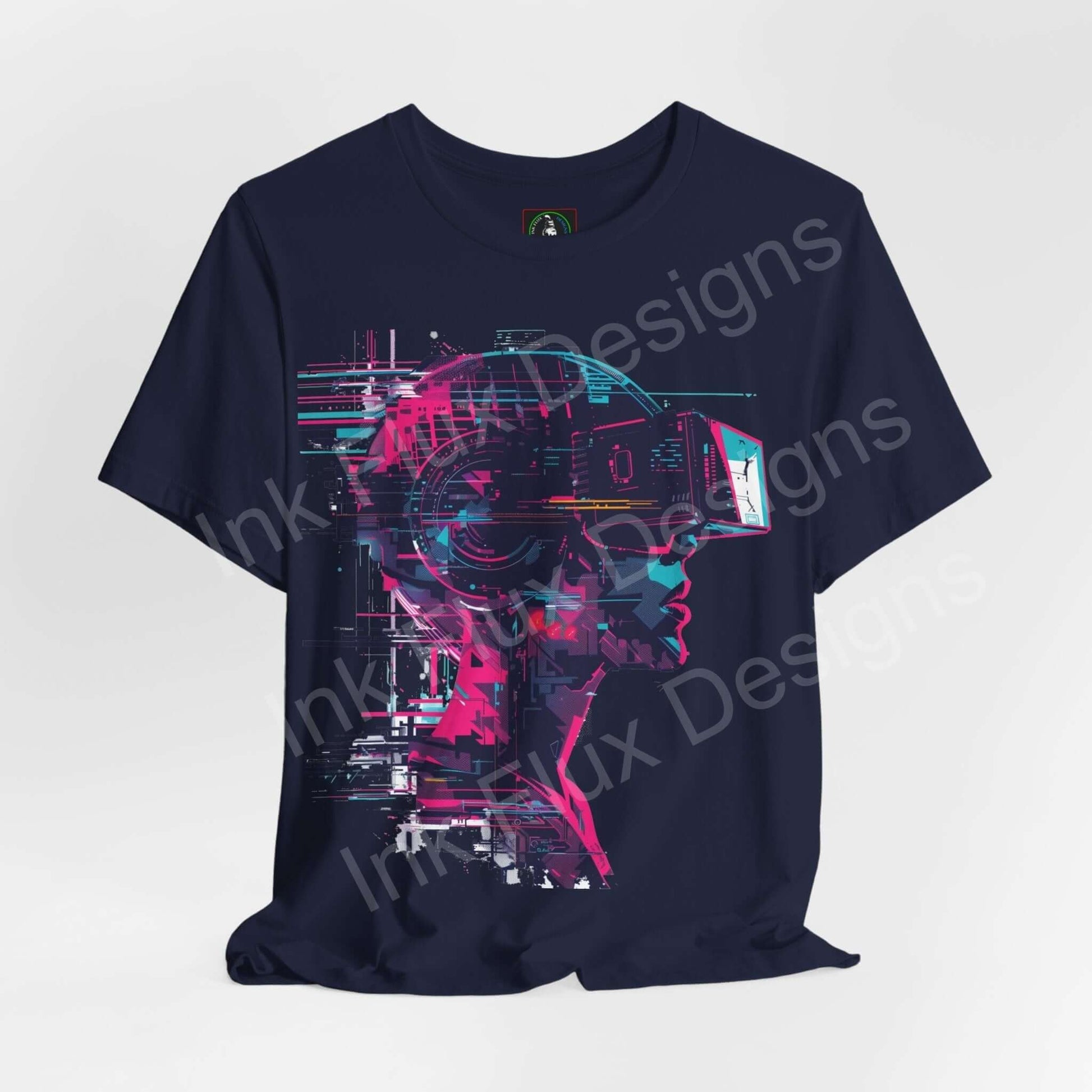 Unisex cyberpunk graphic tee with vivid VR headset design on dark navy fabric, showcasing a stylish blend of pink and blue colors.