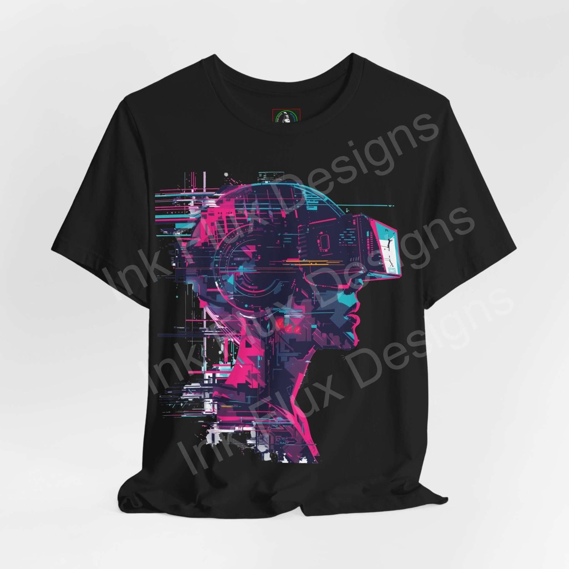 Cyberpunk graphic tee featuring a vibrant, digital artwork of a human head wearing VR goggles on a black unisex T-shirt.