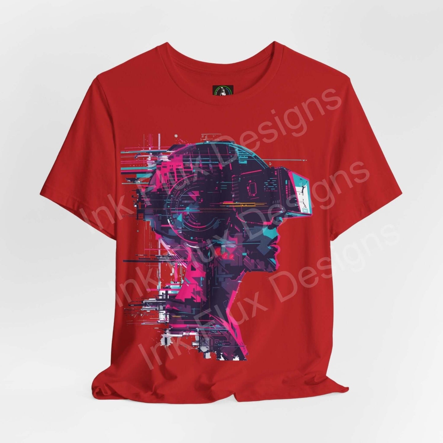 Red unisex T-shirt featuring a vibrant cyberpunk graphic print of a robotic face, designed for style and comfort.