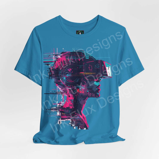 Unisex cyberpunk graphic tee in teal featuring a stylized print of a person wearing VR headset, crafted from breathable Airlume cotton.