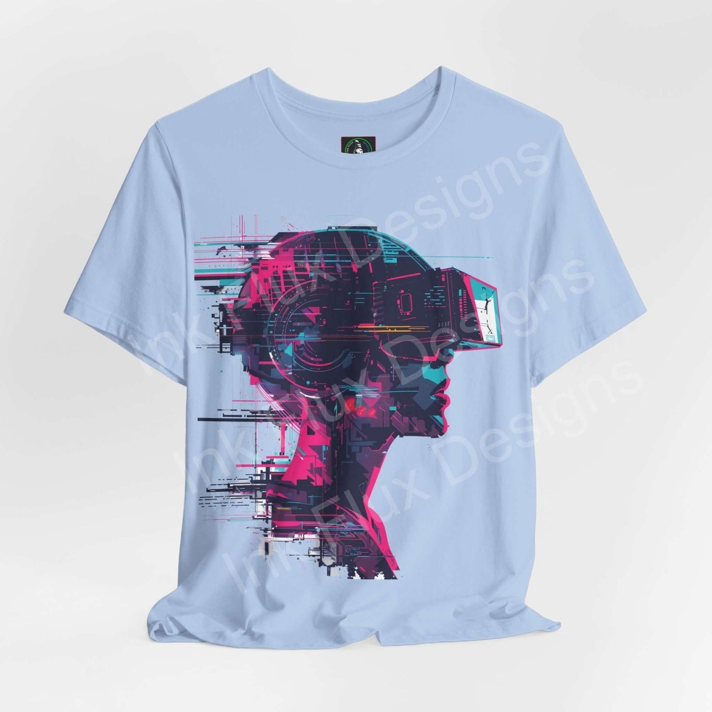 Cyberpunk graphic tee featuring a vibrant VR headset design on a light blue unisex jersey T-shirt, showcasing modern style and comfort.