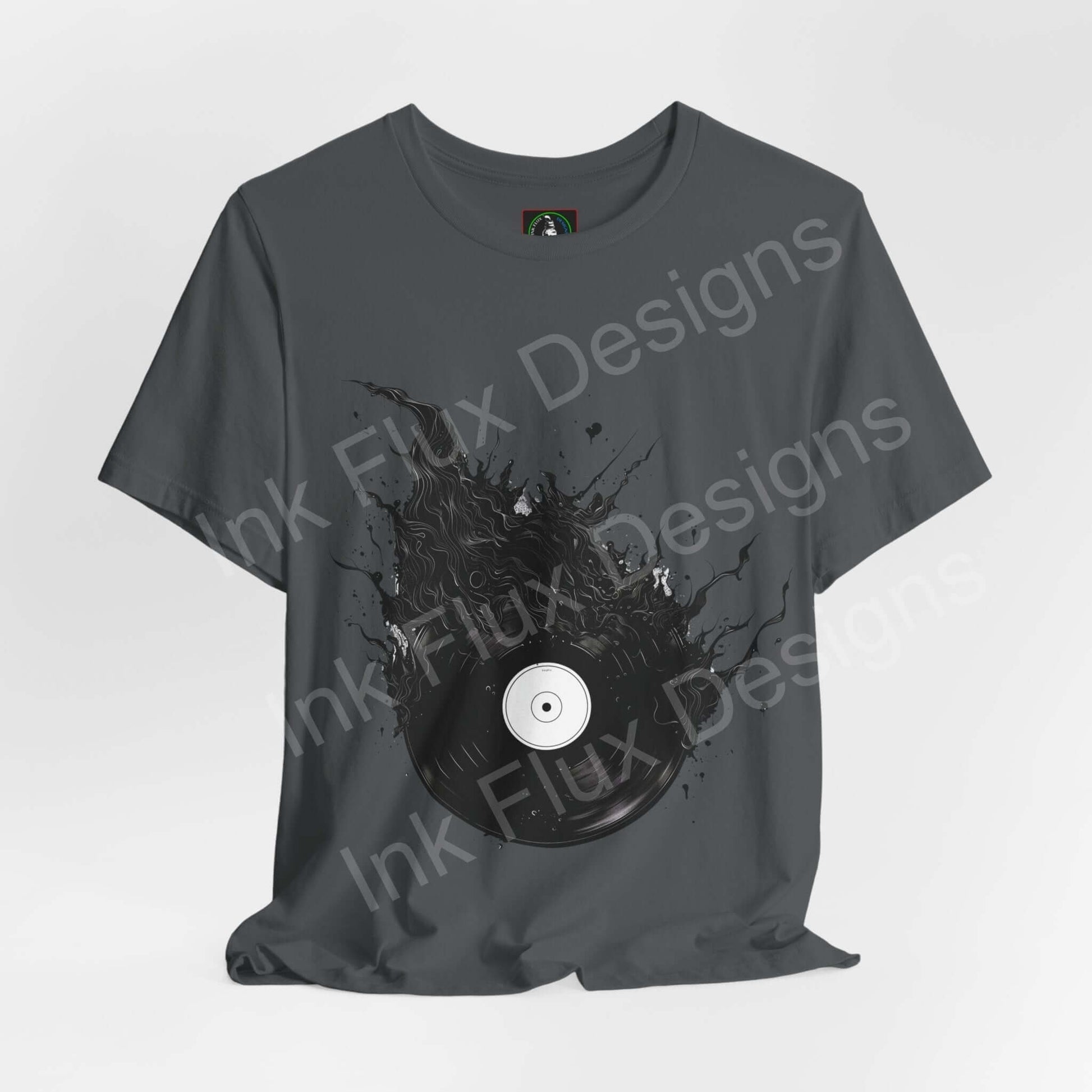 Bold graphic tee featuring a black vinyl record design on a dark gray shirt, ideal for music lovers and sustainable fashion enthusiasts.