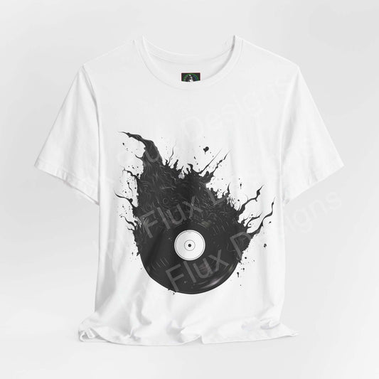 Unisex white jersey T-shirt featuring a bold graphic of a black vinyl record splattered with ink, by Bella+Canvas, perfect for music lovers.