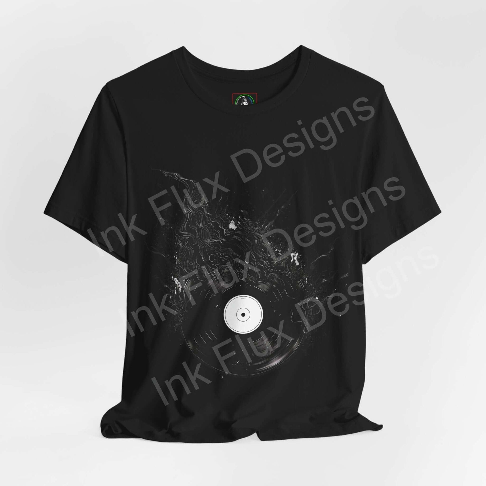 Black unisex jersey T-shirt featuring bold graphic print of a vinyl record, designed by Ink Flux Designs, ideal for music lovers and fashion enthusiasts.