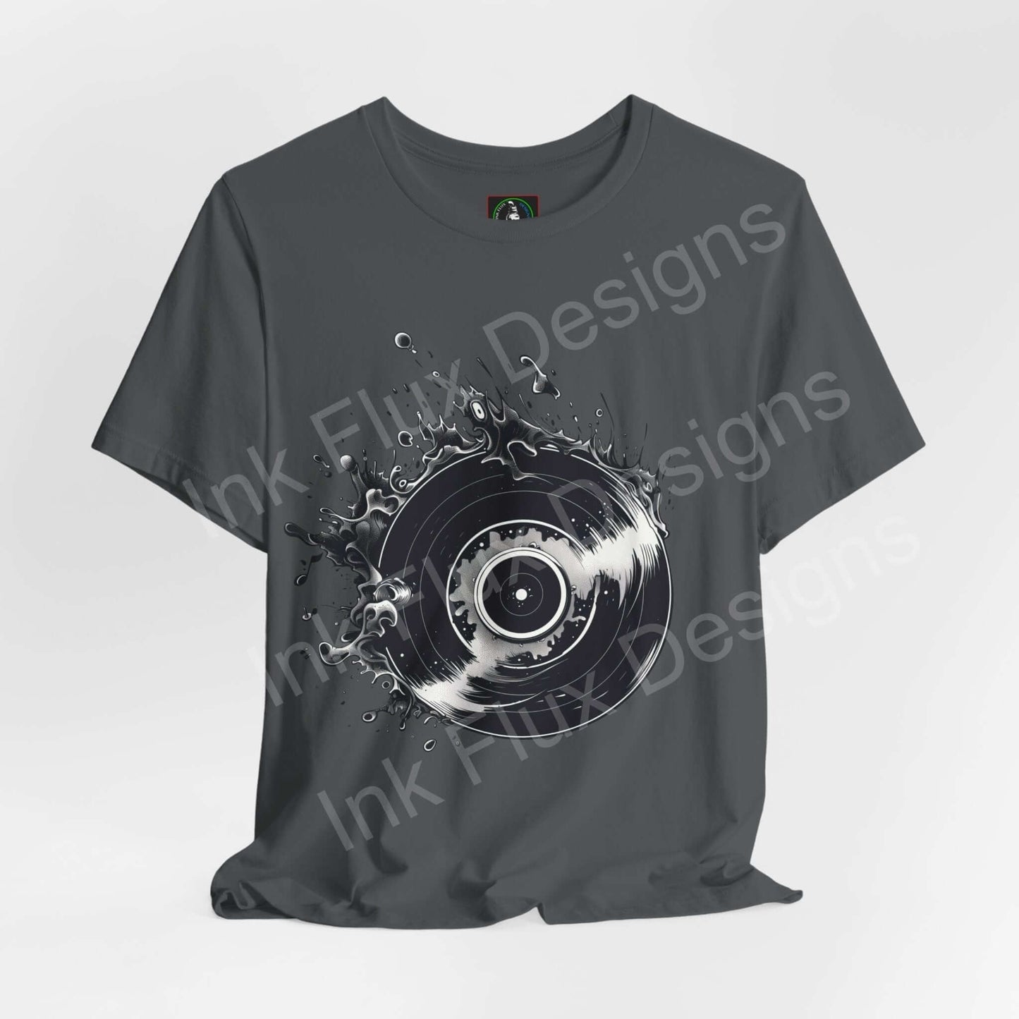 Unisex dark grey T-shirt featuring a bold graphic of a vinyl record in a dynamic splash design, perfect for music lovers.