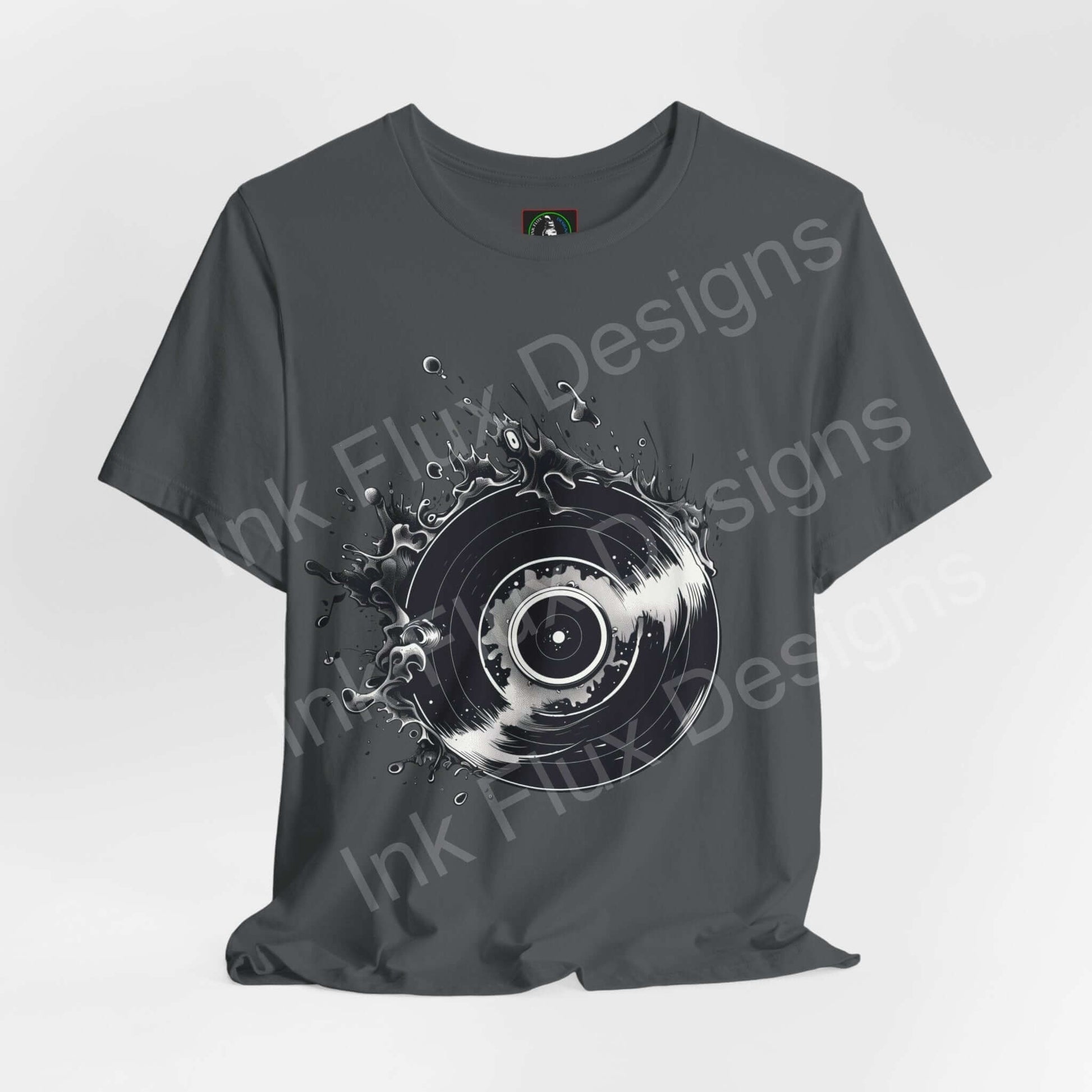 Unisex dark grey T-shirt featuring a bold graphic of a vinyl record in a dynamic splash design, perfect for music lovers.