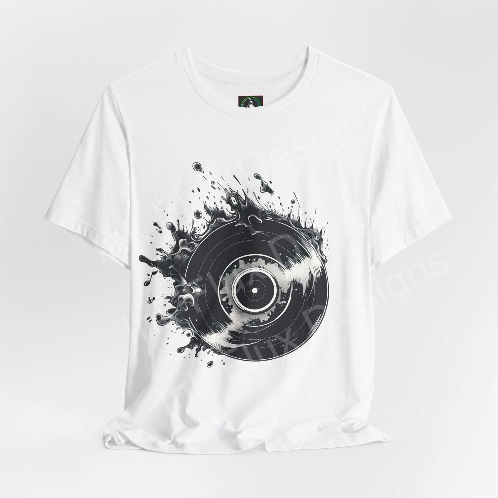 Unisex white jersey T-shirt with bold graphic of a vinyl record splashing in black ink, soft Airlume cotton fabric, by Bella+Canvas.