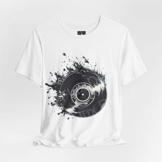 Unisex white jersey T-shirt with bold graphic of a vinyl record splashing in black ink, soft Airlume cotton fabric, by Bella+Canvas.