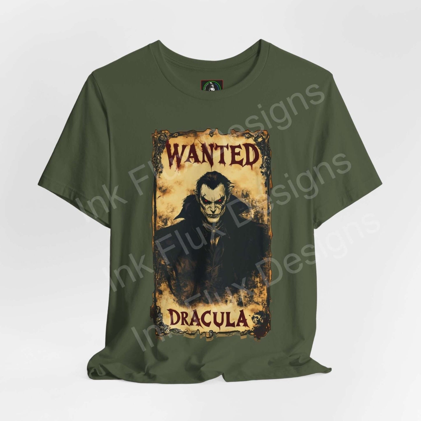 Green Halloween graphic tee featuring a Wanted Dracula design, perfect for spooky season styled with comfort and sustainability.
