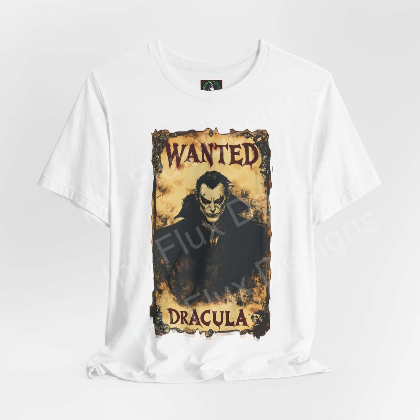 Halloween-themed "Wanted Dracula" graphic tee by Bella+Canvas, showcasing a stylized vampire design on a high-quality white shirt, perfect for comfort and style.