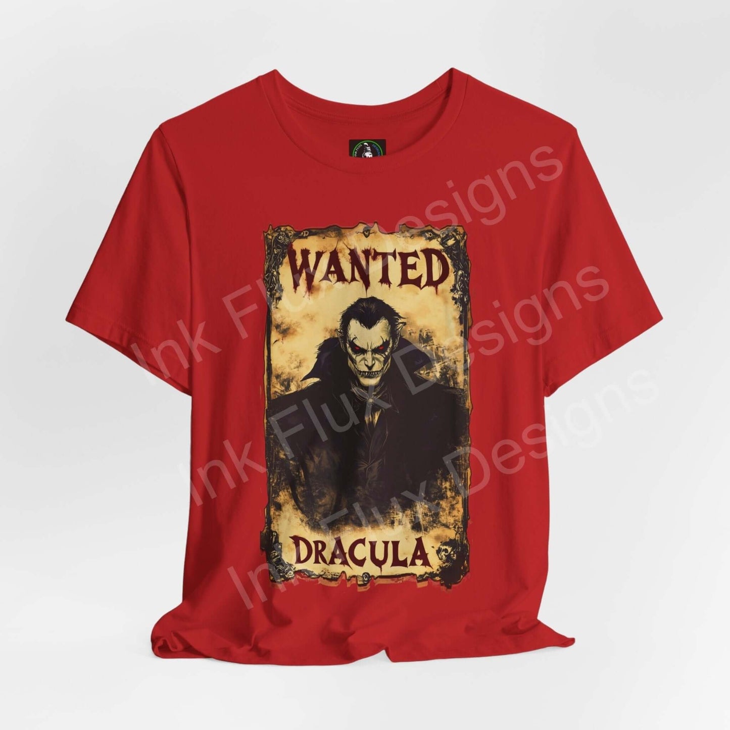 Red unisex Halloween graphic tee featuring a "Wanted Dracula" poster design, ideal for festive wear, by Bella+Canvas.