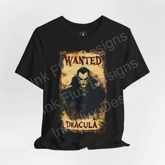 Black unisex Halloween graphic tee featuring a "Wanted Dracula" design, perfect for both style and comfort.