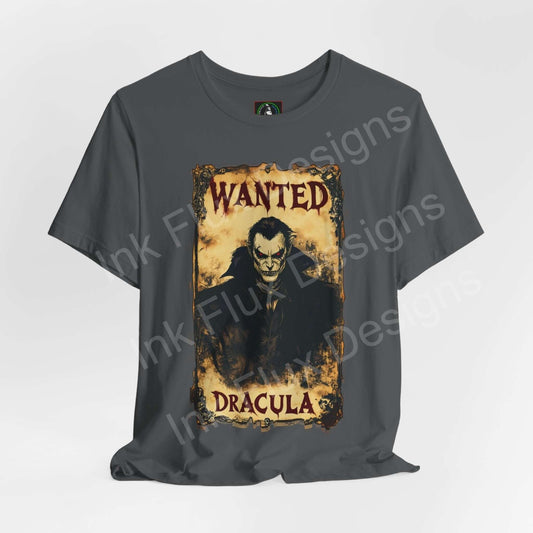 Dracula Wanted poster graphic tee in gray, featuring Halloween-themed design on breathable Airlume cotton, perfect for any spooky occasion.