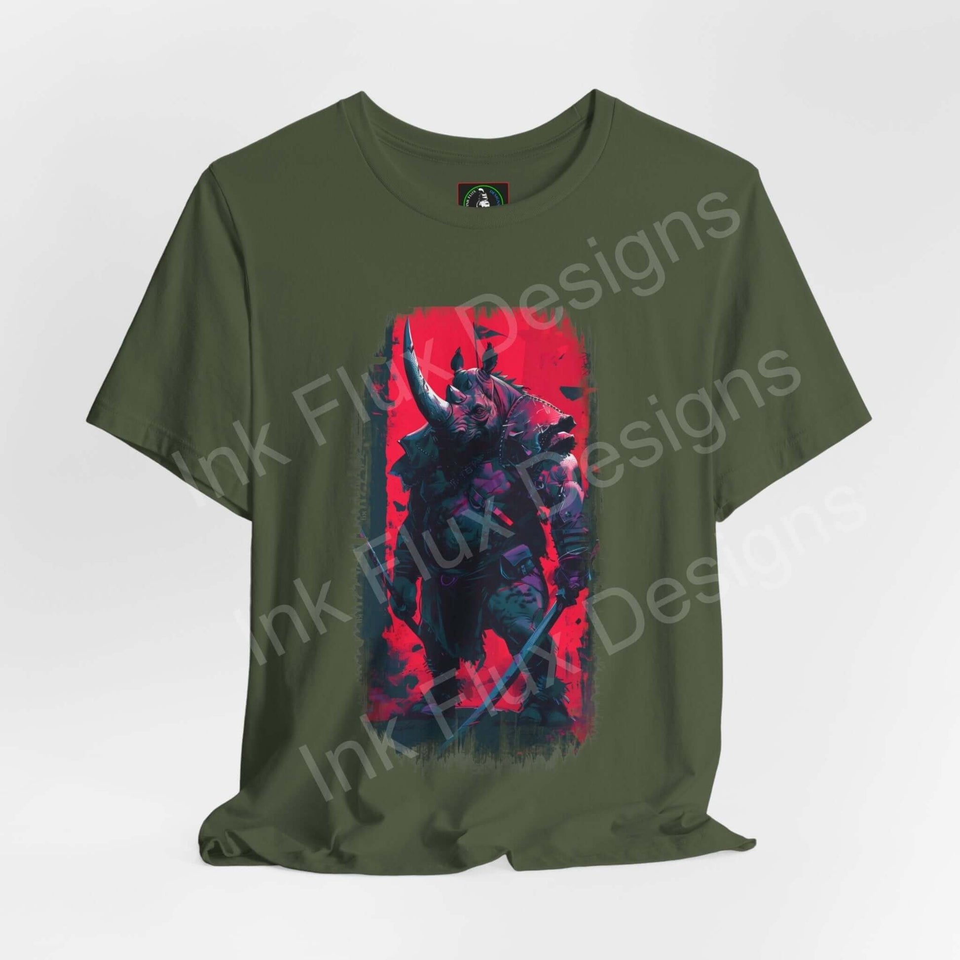 Green unisex T-shirt featuring vibrant graphic of a war rhino, made from soft Airlume cotton, ideal for spirit animal enthusiasts