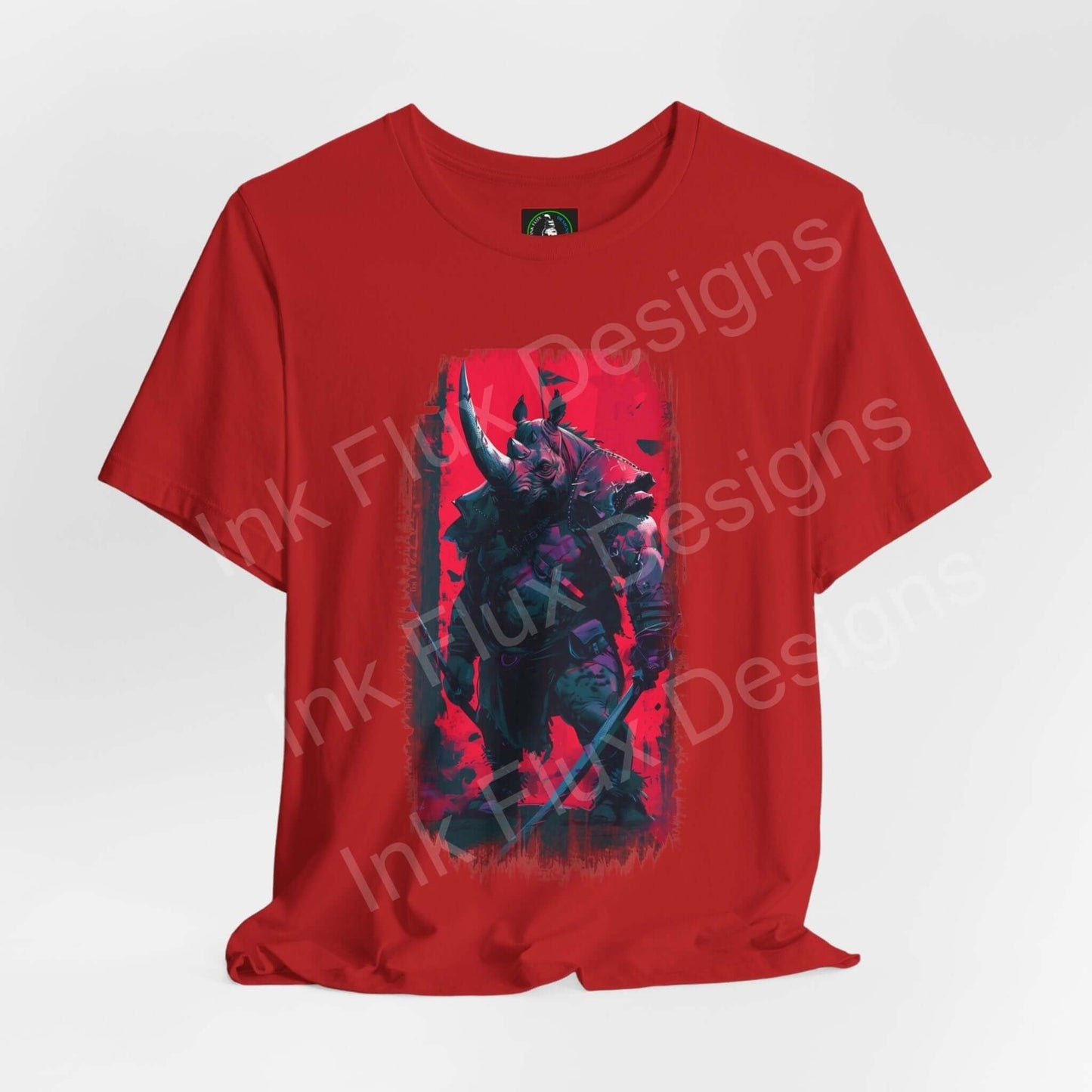 Red unisex T-shirt featuring a striking graphic of a war rhino in vibrant blues and pinks, ideal for fans of spirit animal and graphic tees.