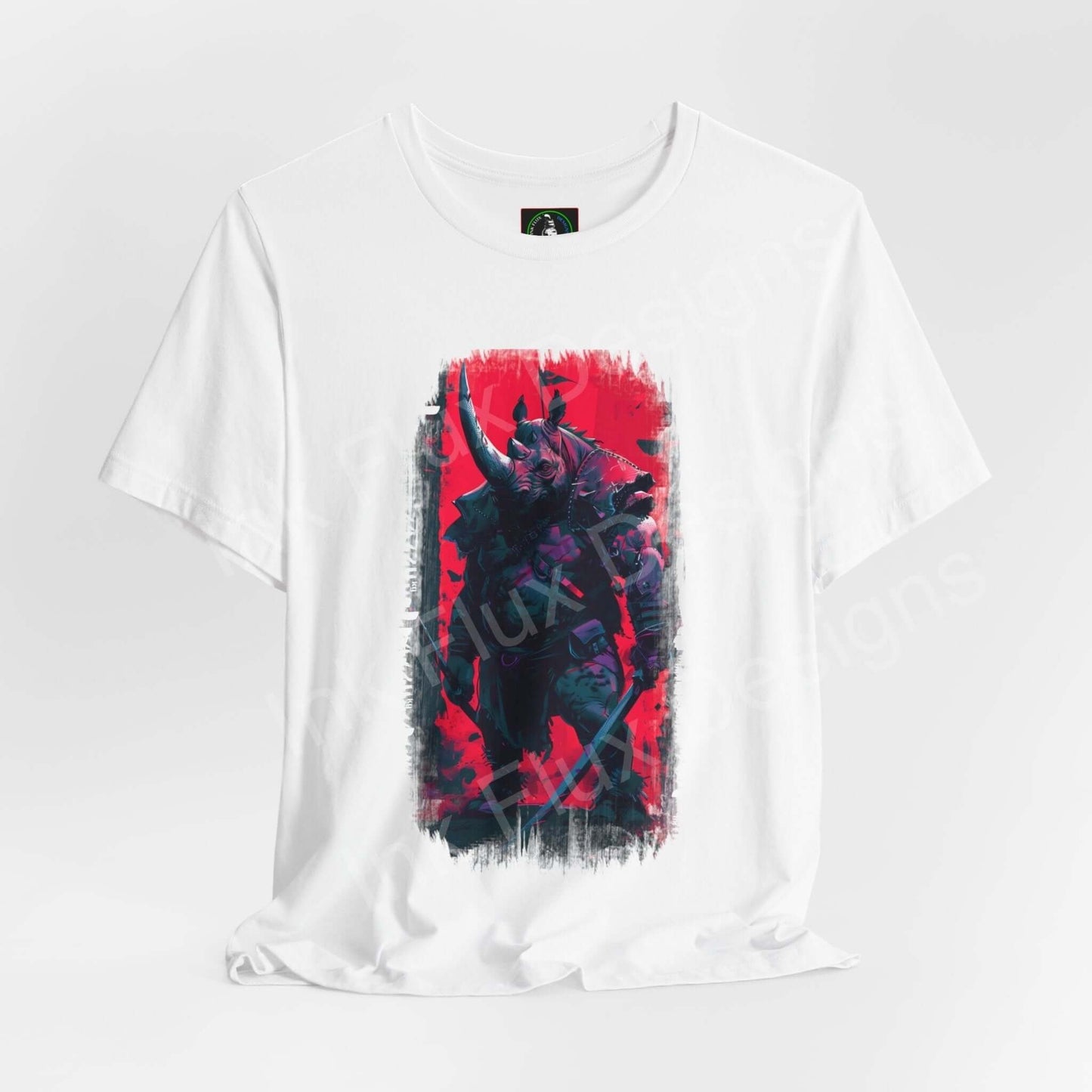 War Rhino graphic tee featuring a bold, artistic rhino design in vibrant red and blue on a white unisex jersey T-shirt, ideal for fans of spirit animals and stylish, comfortable wear.