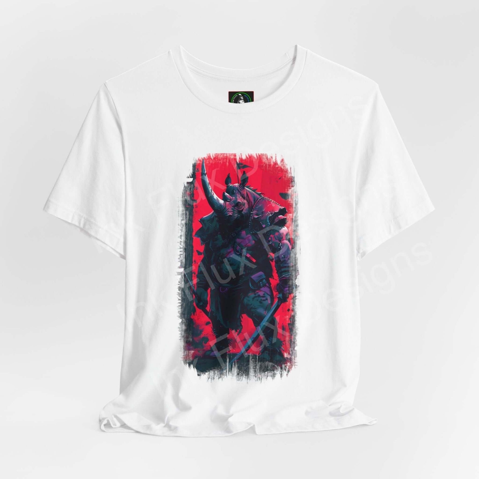 War Rhino graphic tee featuring a bold, artistic rhino design in vibrant red and blue on a white unisex jersey T-shirt, ideal for fans of spirit animals and stylish, comfortable wear.