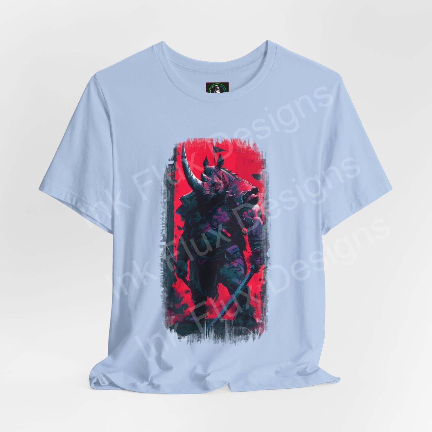 Light blue unisex T-shirt featuring a vibrant graphic of a war rhino, perfect for lovers of spirit animals and graphic tees.