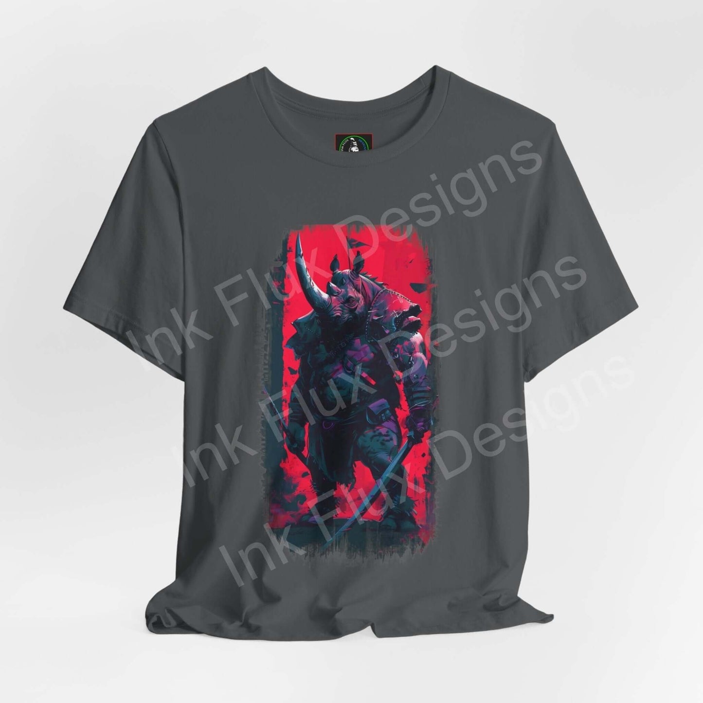 Unisex gray T-shirt featuring a vibrant red and blue graphic of a war rhino, perfect for fans of spirit animal themed apparel.
