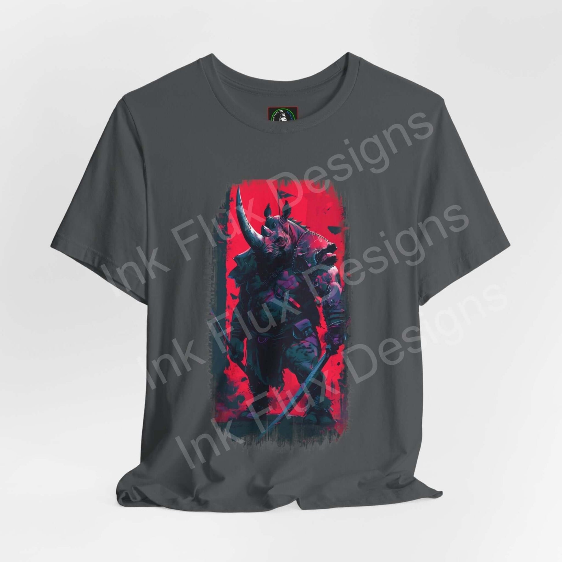 Unisex gray T-shirt featuring a vibrant red and blue graphic of a war rhino, perfect for fans of spirit animal themed apparel.