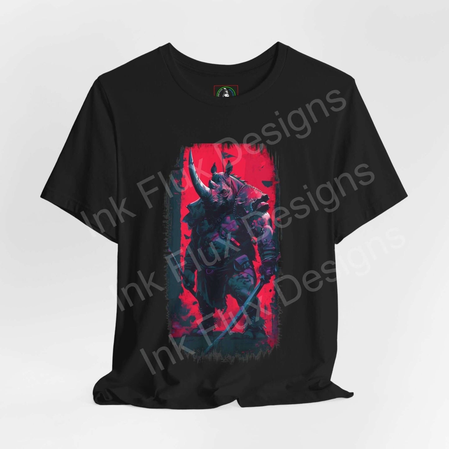 Black unisex T-shirt featuring a vibrant graphic of a war rhino, ideal for fans of spirit animals and graphic tees.