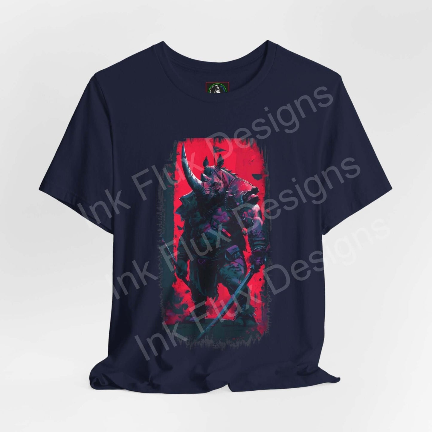 Navy unisex T-shirt with a vibrant red and blue graphic of a war rhino, exemplifying a spirit animal design, crafted by Bella+Canvas for style and sustainability.