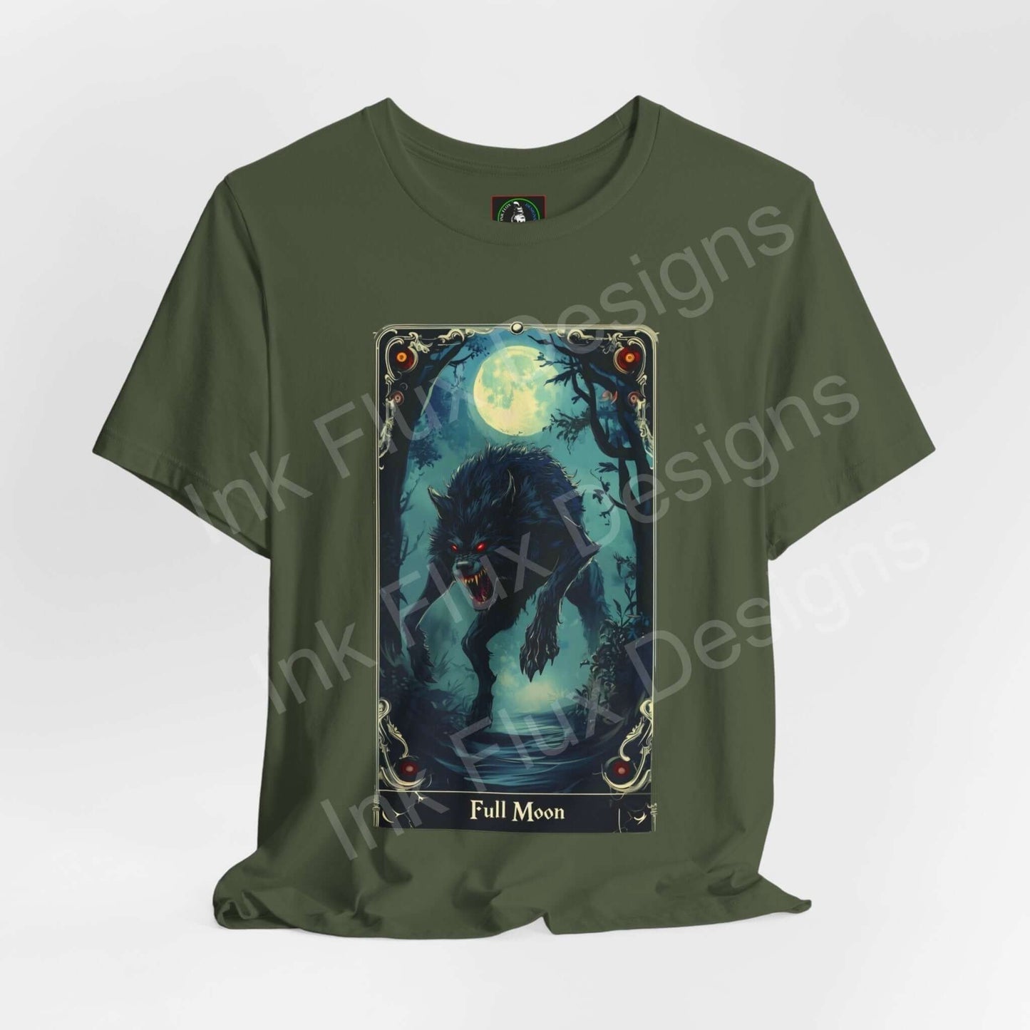 Unisex green graphic tee featuring a full moon and werewolf design, perfect for Halloween, by Bella+Canvas.