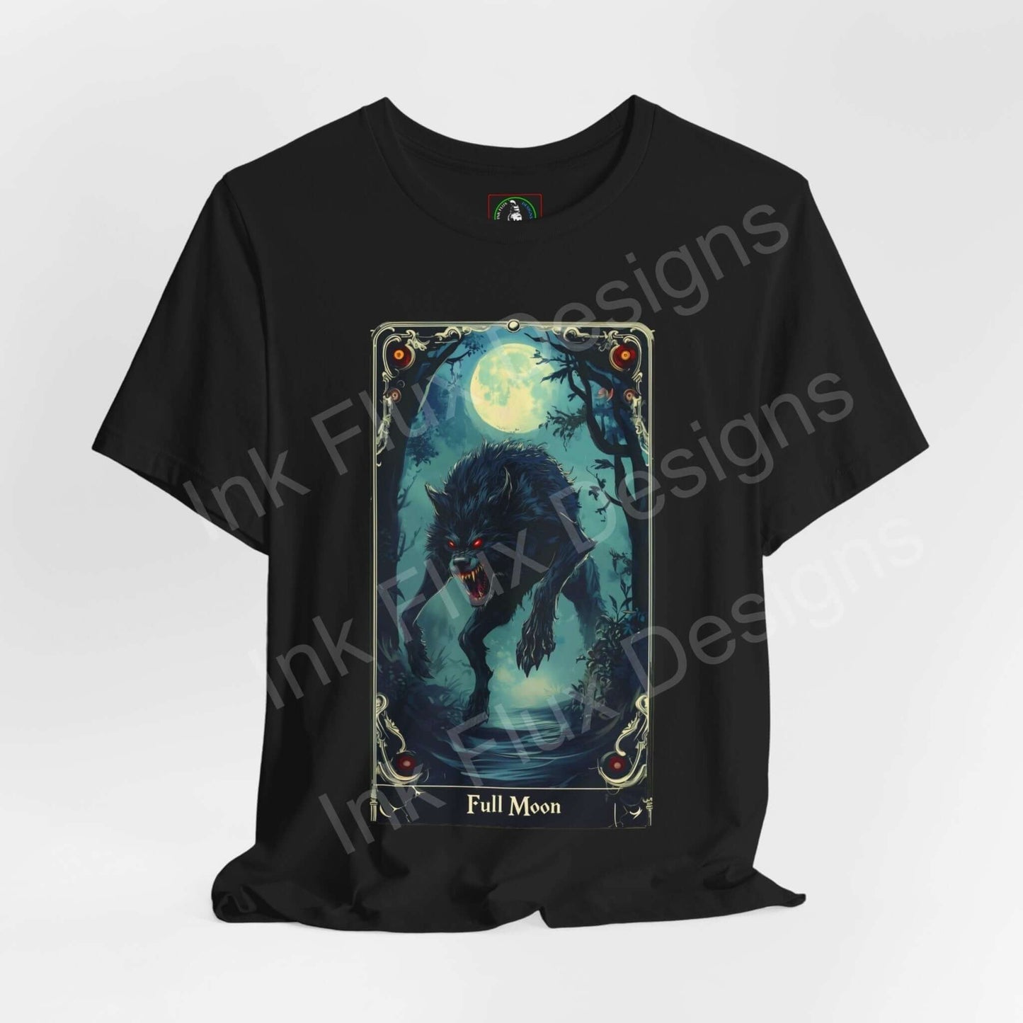 Black unisex graphic tee featuring a werewolf design with a full moon, labeled 'Full Moon' on breathable cotton, perfect for Halloween.