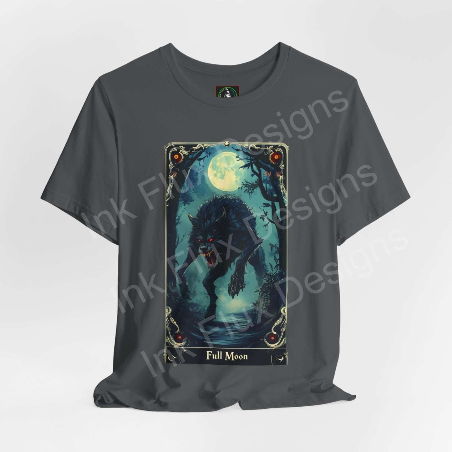 Unisex gray graphic tee featuring a werewolf and full moon design, ideal for Halloween, crafted by Bella+Canvas for style and comfort.