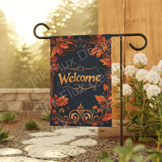 Welcome Autumn Garden & House Banner - Fall Garden Flag with decorative lettering and autumn leaves.