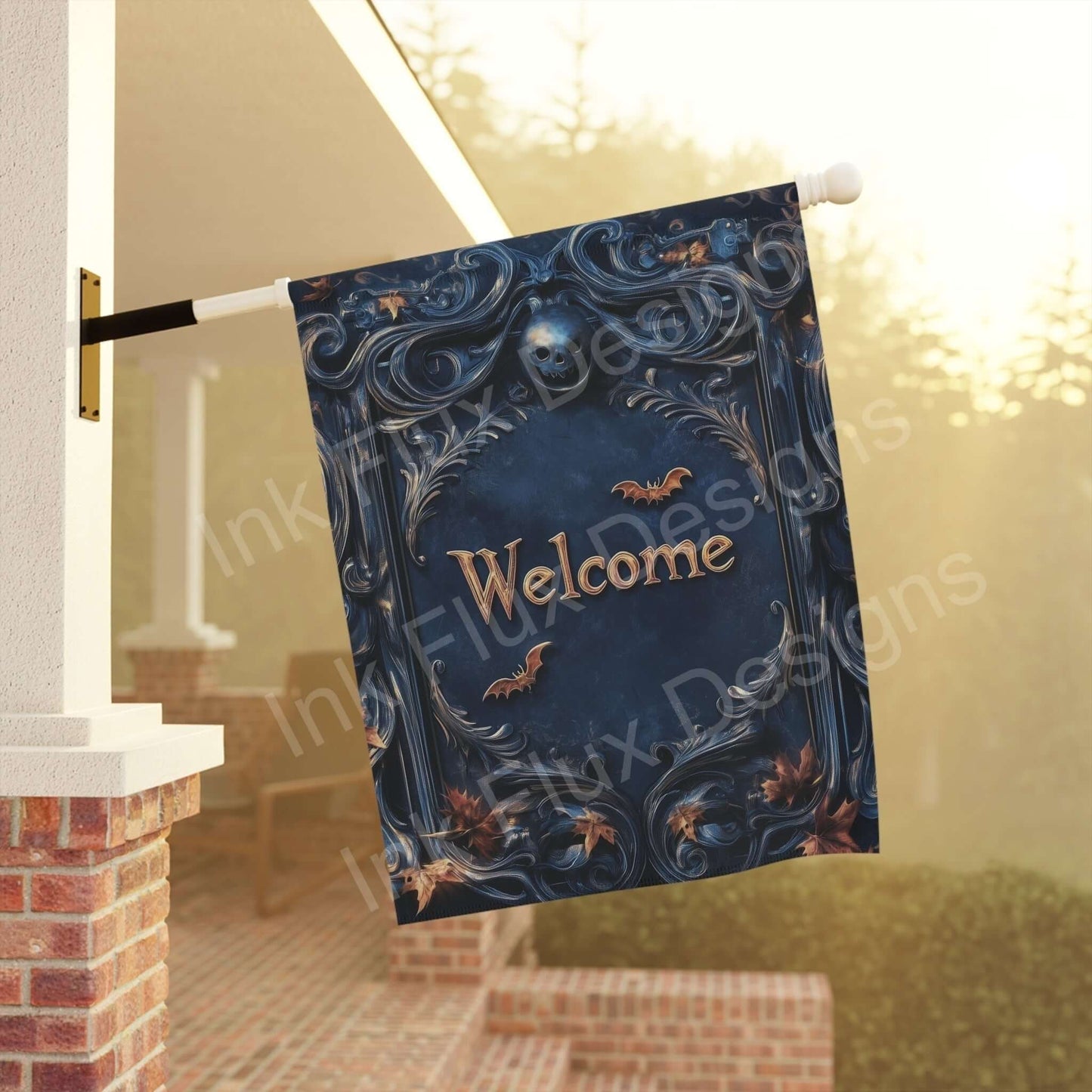 Halloween-themed 'Welcome' garden banner displayed outside a home, featuring eerie designs and bats on durable blue canvas fabric.