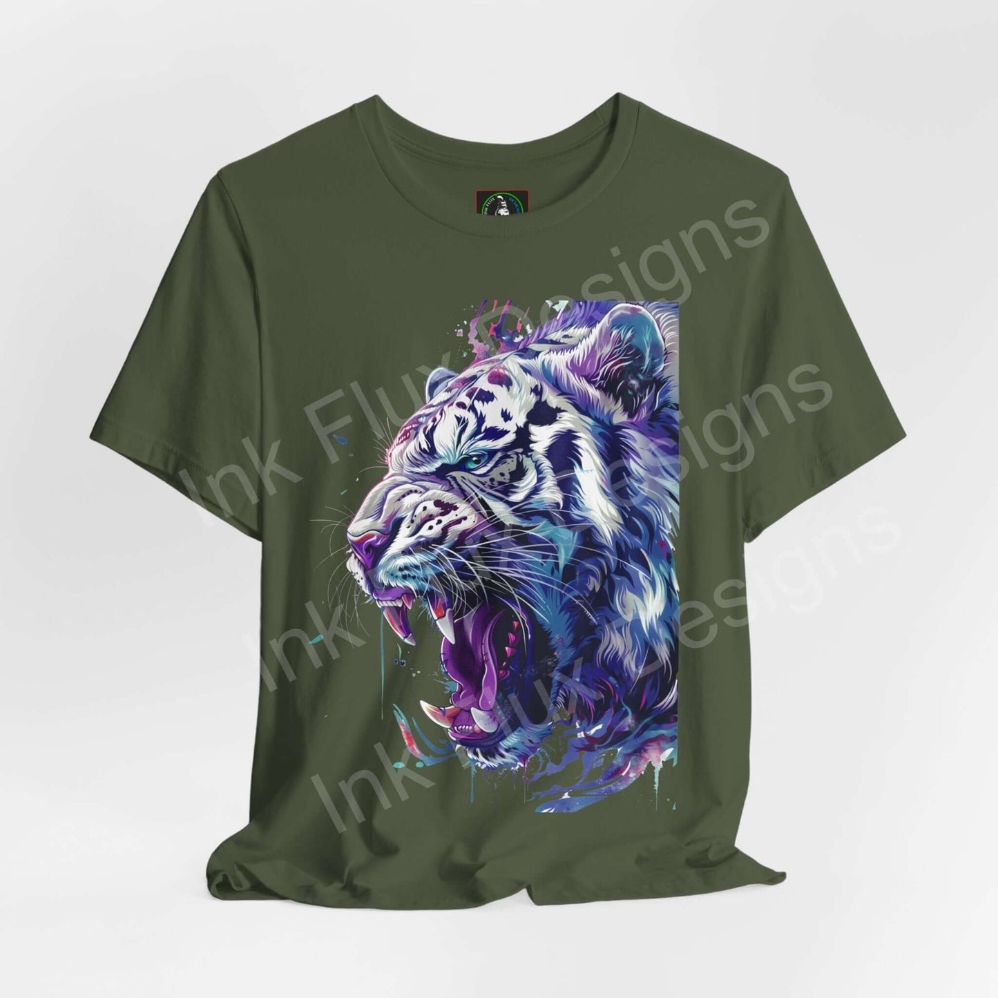 Olive green unisex T-shirt featuring a vibrant white tiger graphic, perfect for lovers of spirit animals and stylish graphic tees.