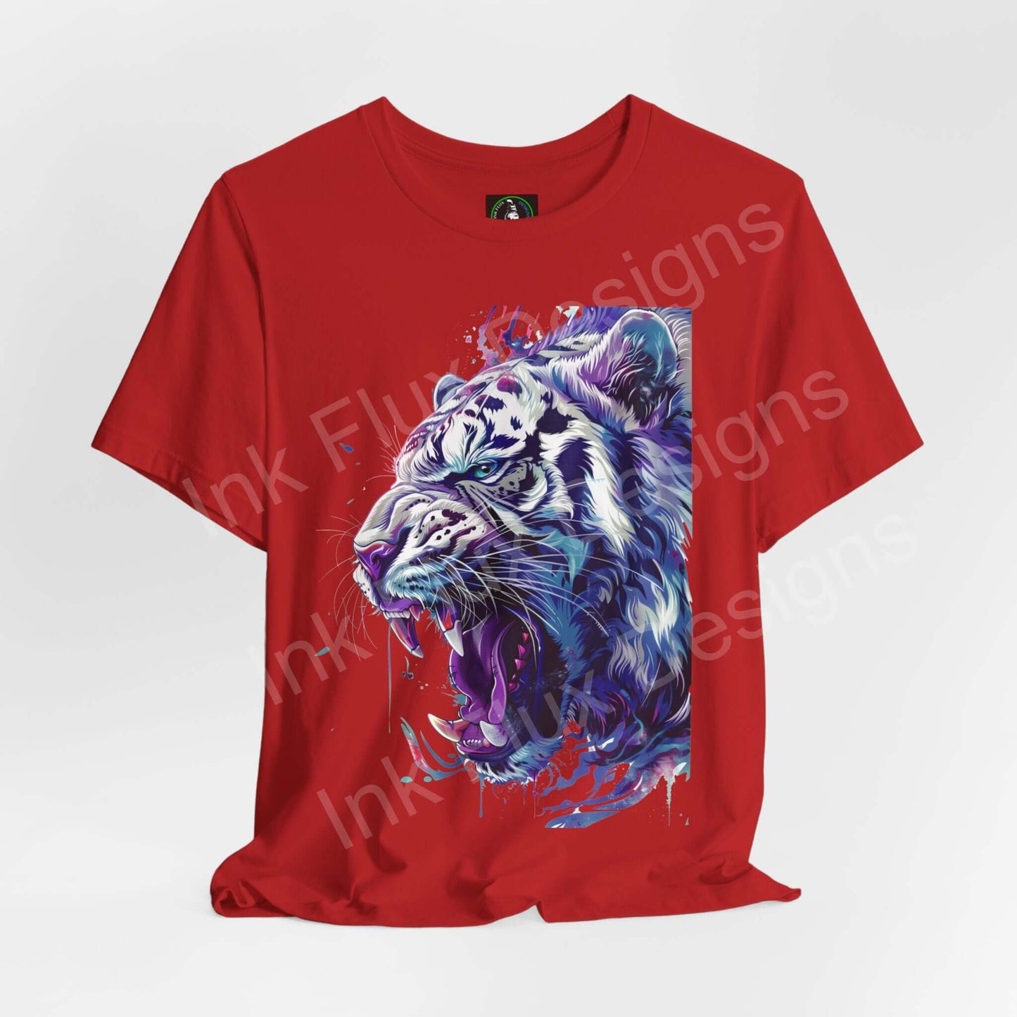 Red unisex T-shirt with a vibrant graphic of a white tiger, showcasing a blend of blues and purples, perfect for fans of spirit animals and graphic tees.