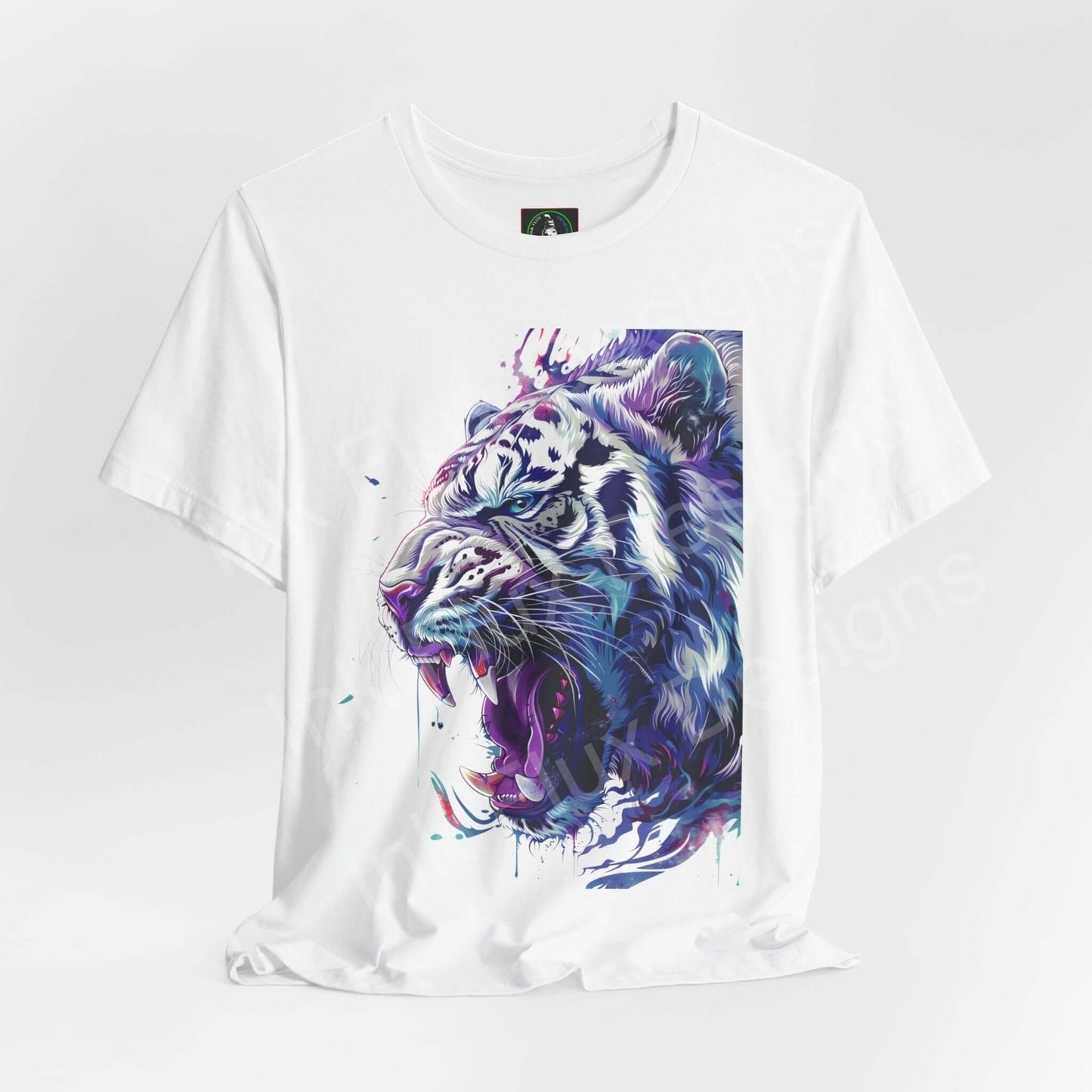 White T-shirt featuring a vibrant graphic of a roaring white tiger, perfect for spirit animal enthusiasts and fans of graphic tees.