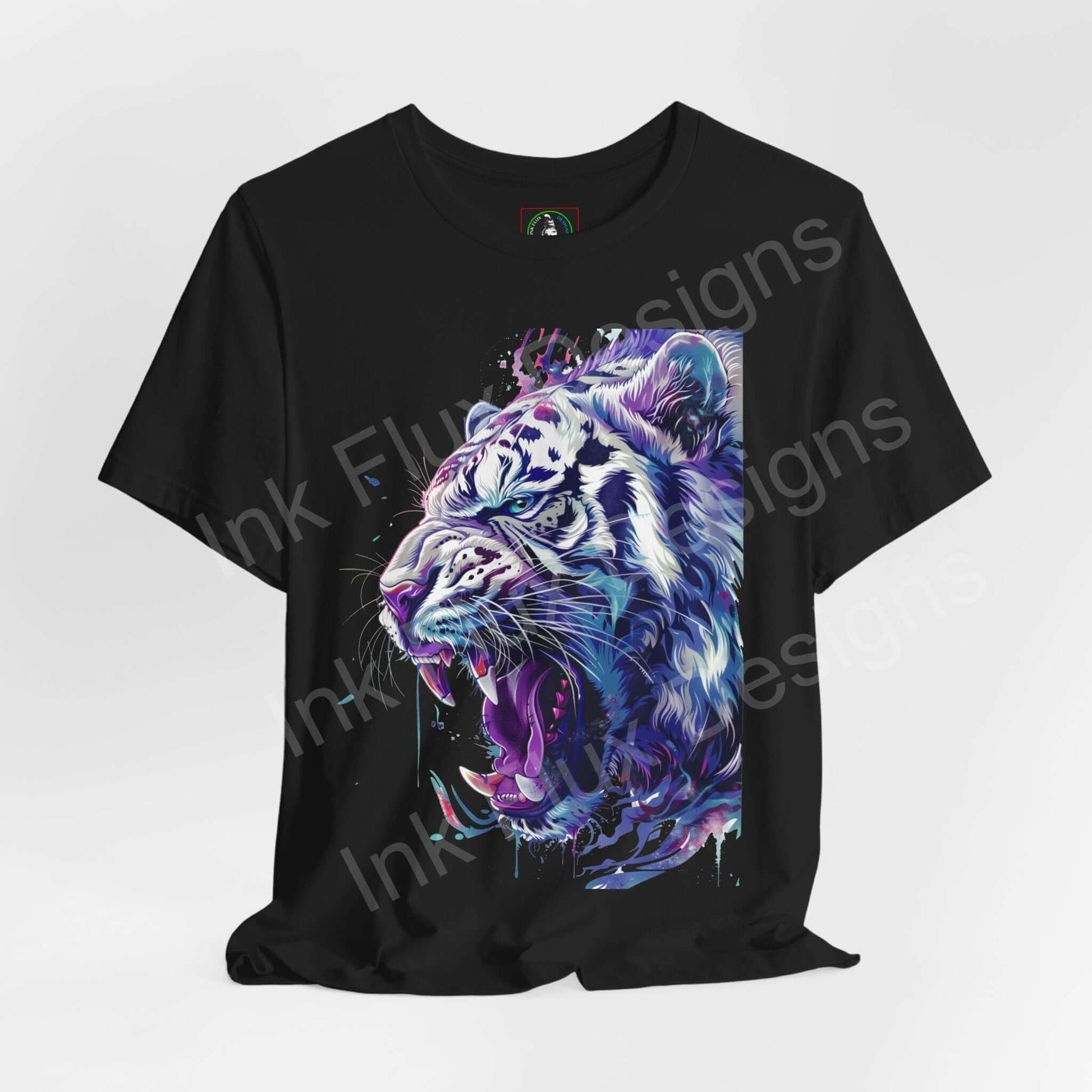Unisex black T-shirt featuring a vibrant, colorful graphic print of a white tiger, ideal for fans of spirit animals and graphic tees.