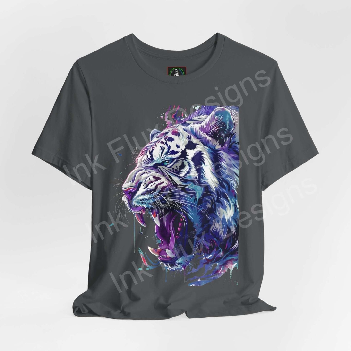 Grey unisex T-shirt featuring a vibrant graphic of a white tiger, crafted from breathable cotton, ideal for spirit animal enthusiasts.