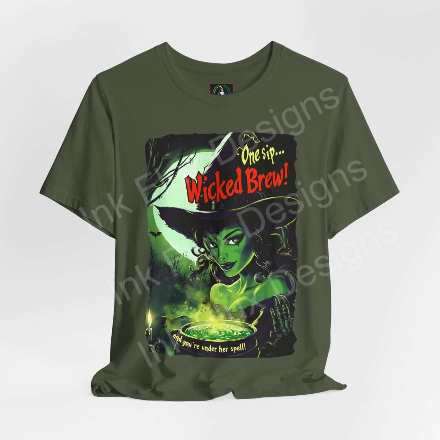 Halloween-themed graphic tee featuring a witch brewing a potion with "Wicked Brew!" text, in green on a unisex olive shirt.