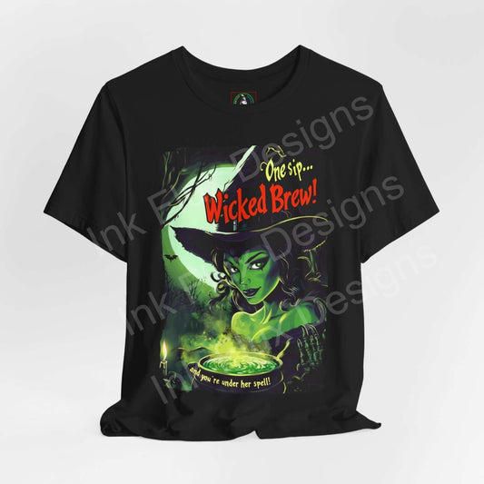 Halloween-themed graphic tee featuring a witch brewing a potion with "Wicked Brew!" text, stylish and sustainable by Bella+Canvas.