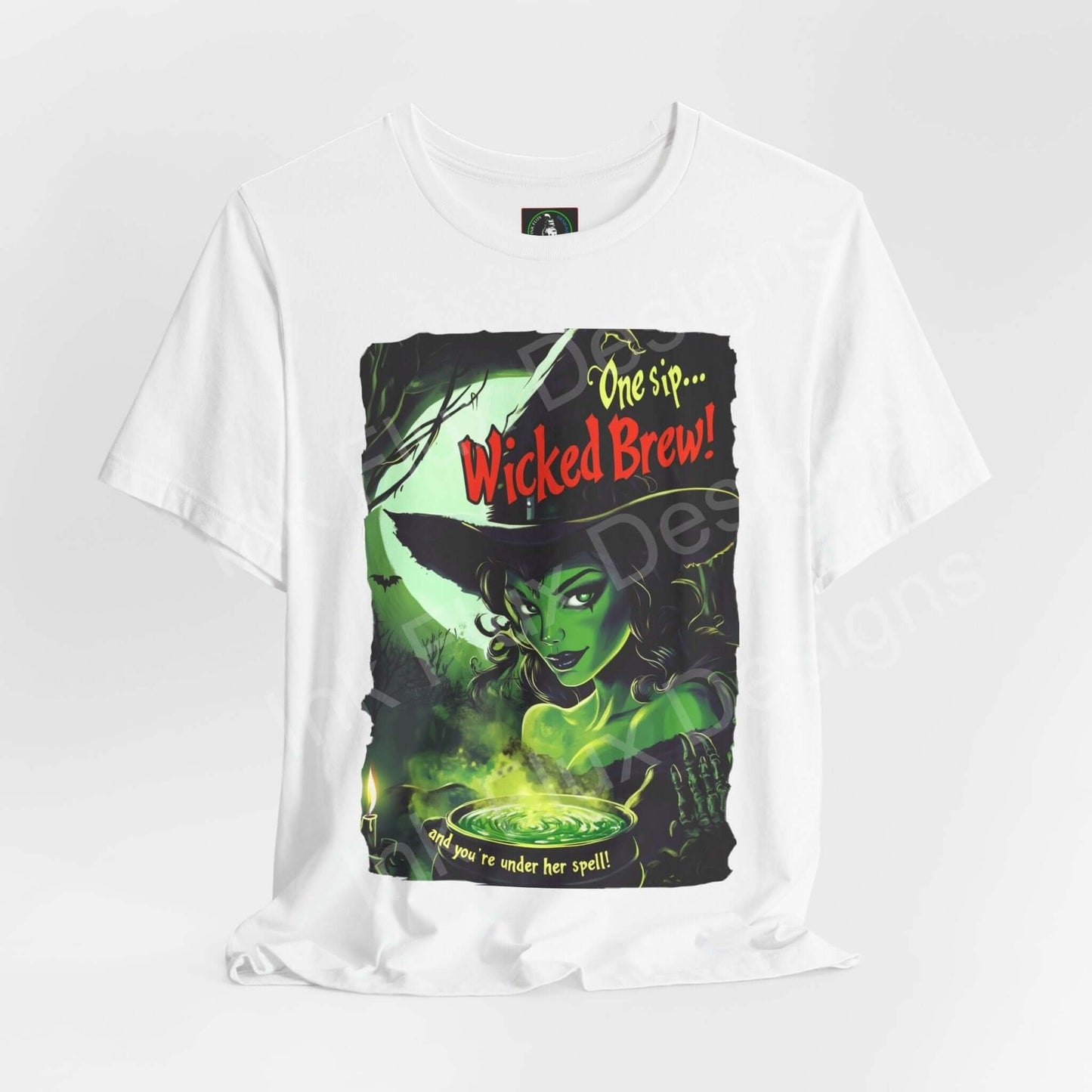 White unisex jersey T-shirt featuring a Halloween "Wicked Brew!" graphic with a witch brewing a potion, perfect for any casual occasion.