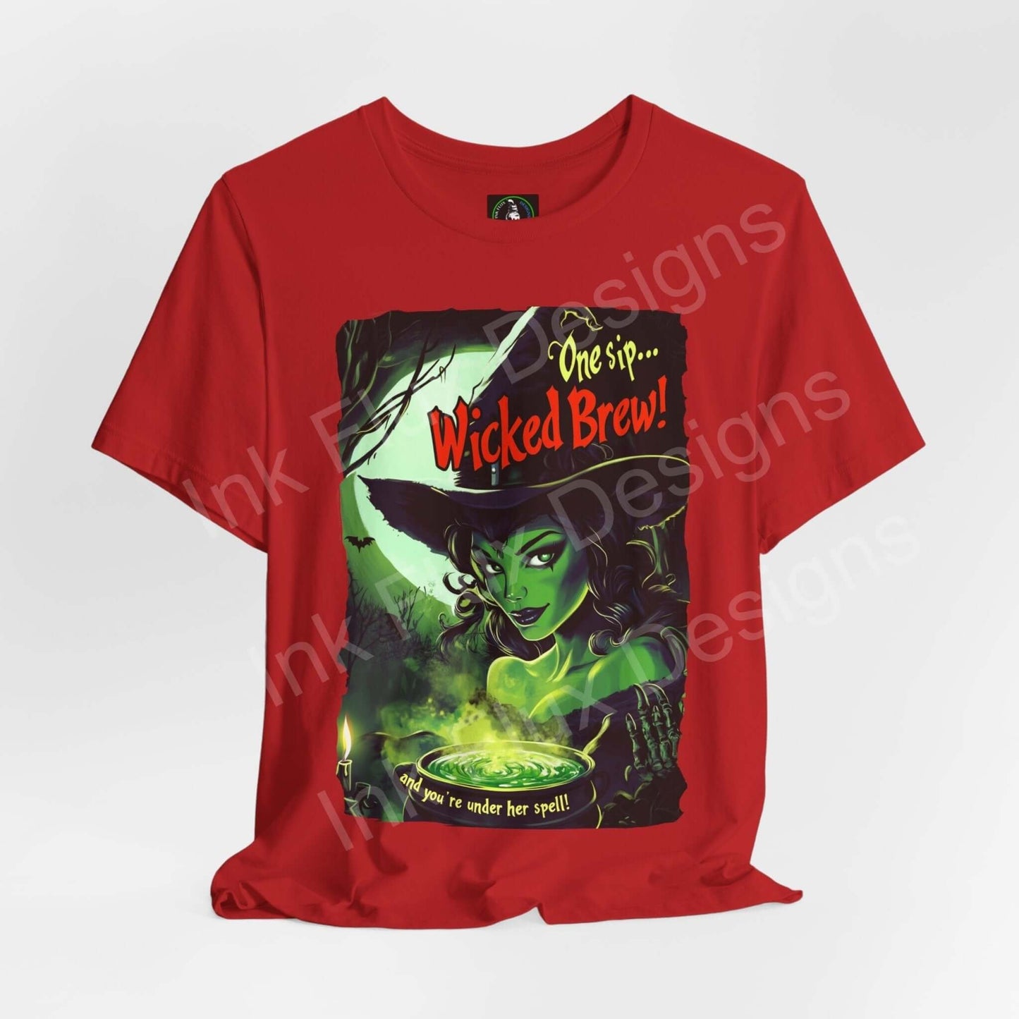 Red unisex T-shirt featuring a Halloween-themed graphic of a witch brewing a potion with "Wicked Brew" text, perfect for casual wear.