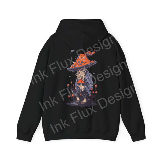 Black Wise Wizard II hooded sweatshirt with bold graphic design of a wizard and vivid mushrooms on the back