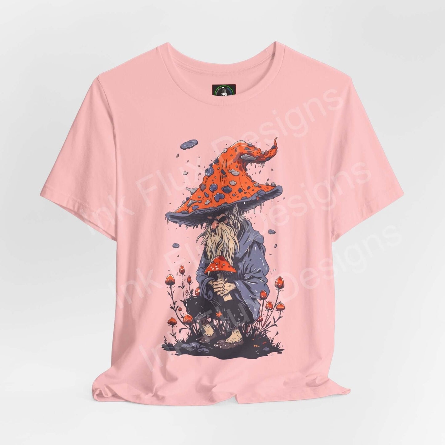Pink Wise Wizard II graphic tee featuring a trippy mushroom cap design and mystical, bold artwork on a unisex jersey T-shirt.