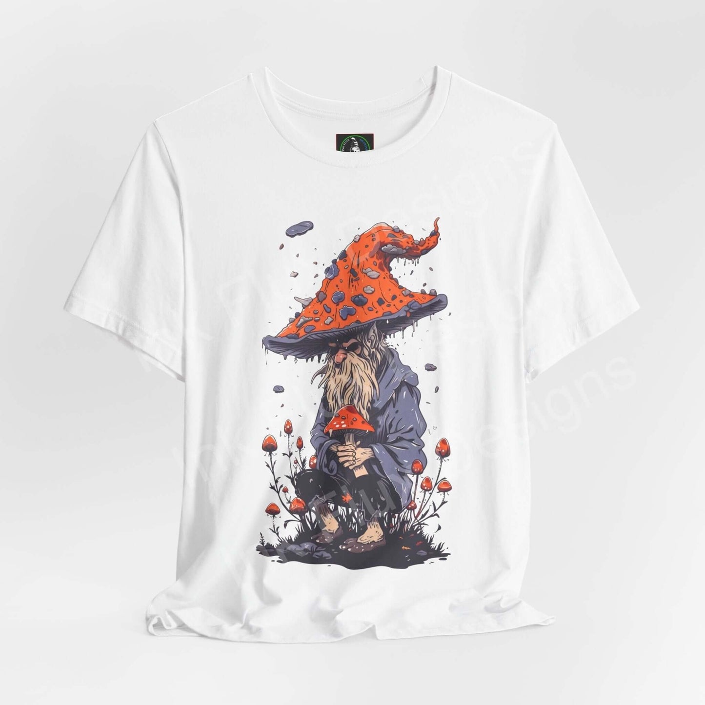 Wise Wizard II graphic tee featuring a psychedelic, trippy wizard design with bold graphics on a unisex white T-shirt.
