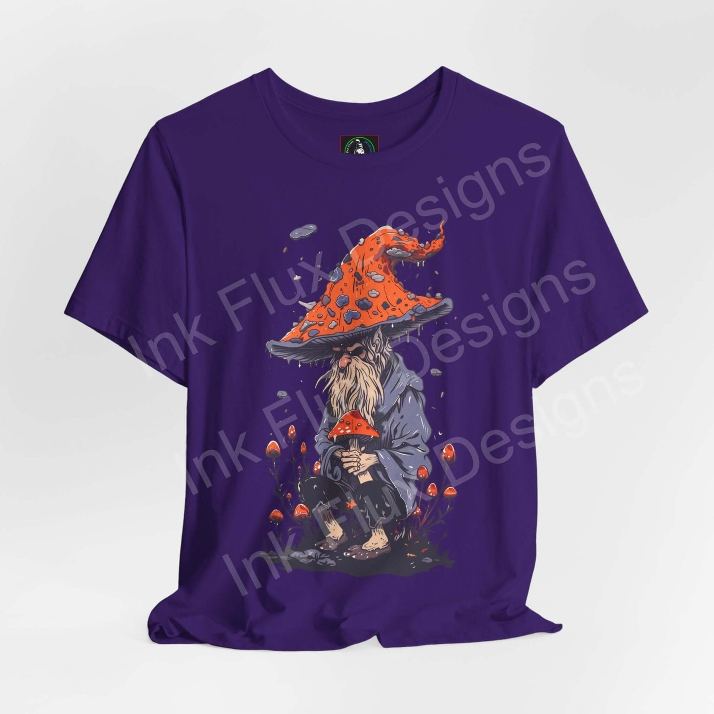 Purple Wise Wizard II T-shirt featuring psychedelic wizard graphic in trippy orange, breathable Airlume cotton, sustainable graphic tee by Bella+Canvas.